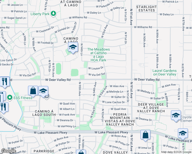 map of restaurants, bars, coffee shops, grocery stores, and more near 9368 West Via Del Sol in Peoria