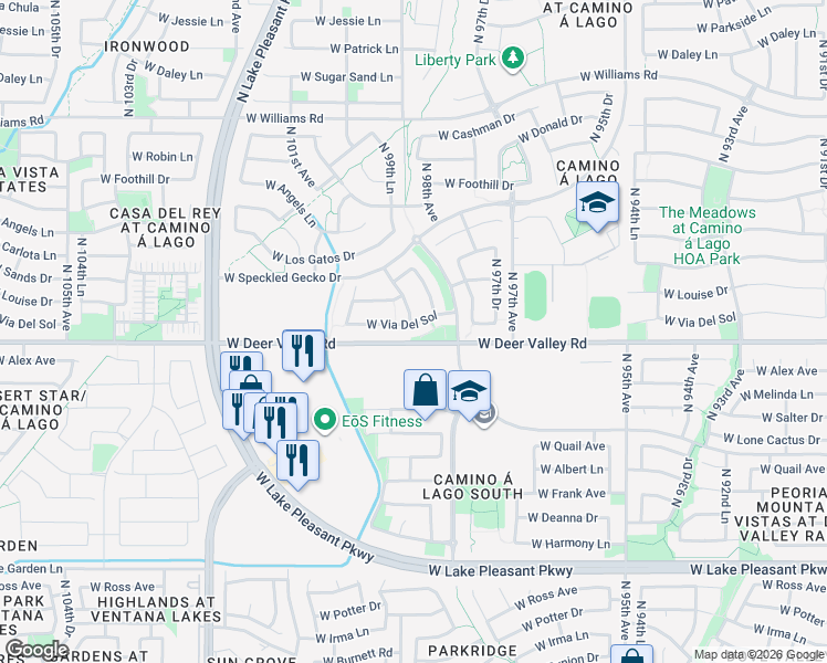 map of restaurants, bars, coffee shops, grocery stores, and more near 21921 North 98th Lane in Peoria