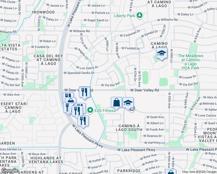 map of restaurants, bars, coffee shops, grocery stores, and more near 21921 North 98th Lane in Peoria