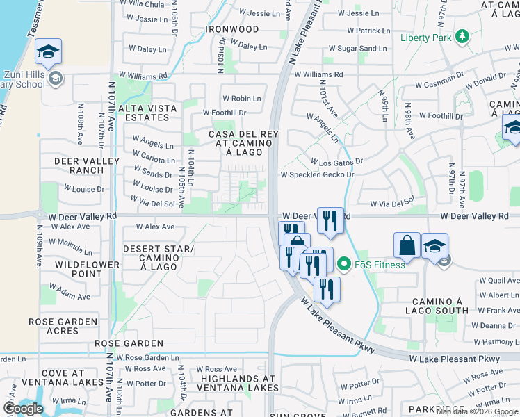 map of restaurants, bars, coffee shops, grocery stores, and more near 21024 North 102nd Lane in Peoria