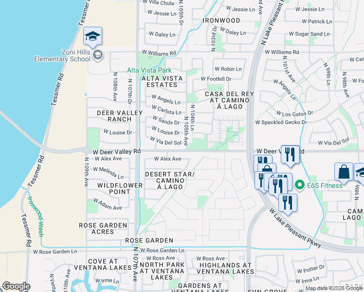 map of restaurants, bars, coffee shops, grocery stores, and more near 10510 West Via Del Sol in Peoria