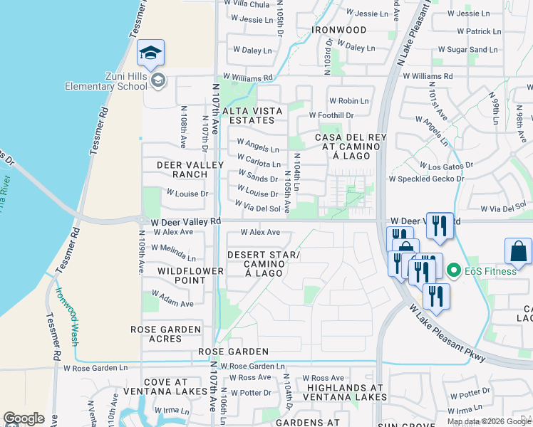 map of restaurants, bars, coffee shops, grocery stores, and more near 10542 West Via Del Sol in Peoria