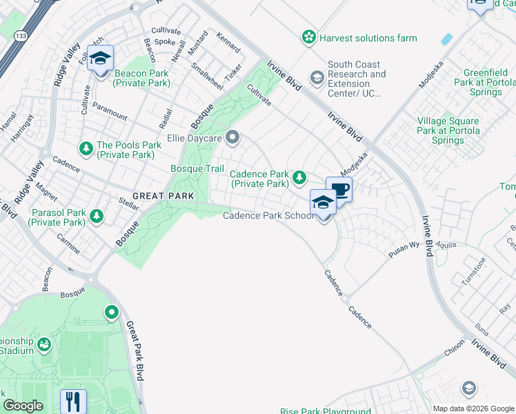map of restaurants, bars, coffee shops, grocery stores, and more near 128 Character in Irvine