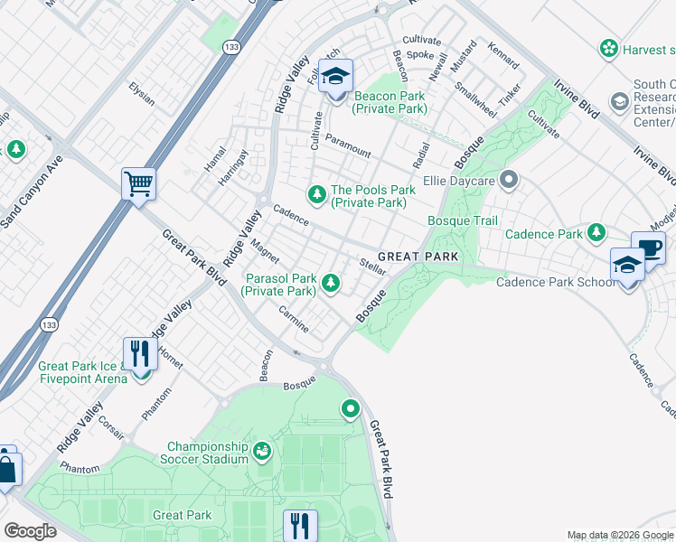map of restaurants, bars, coffee shops, grocery stores, and more near 755 Beacon in Irvine
