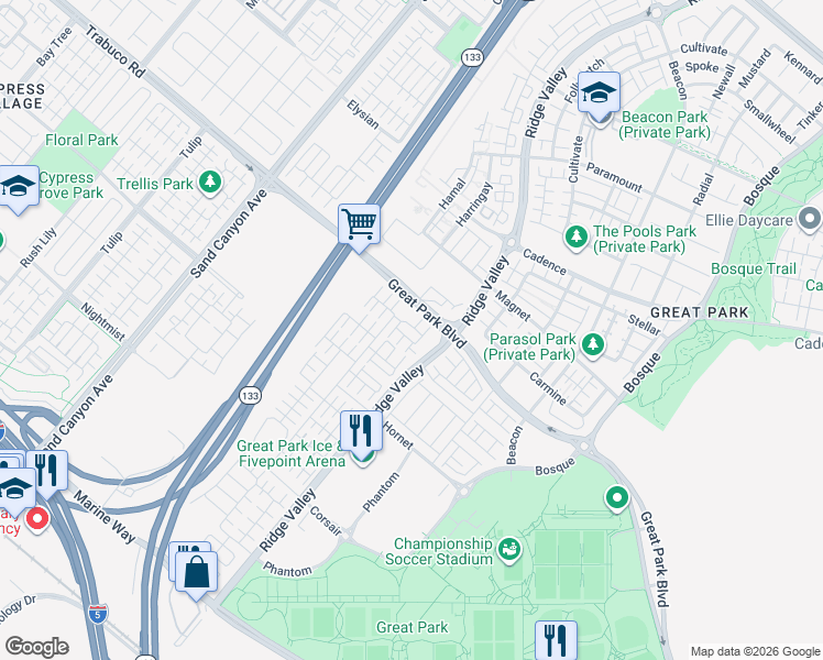 map of restaurants, bars, coffee shops, grocery stores, and more near 133 Okra in Irvine