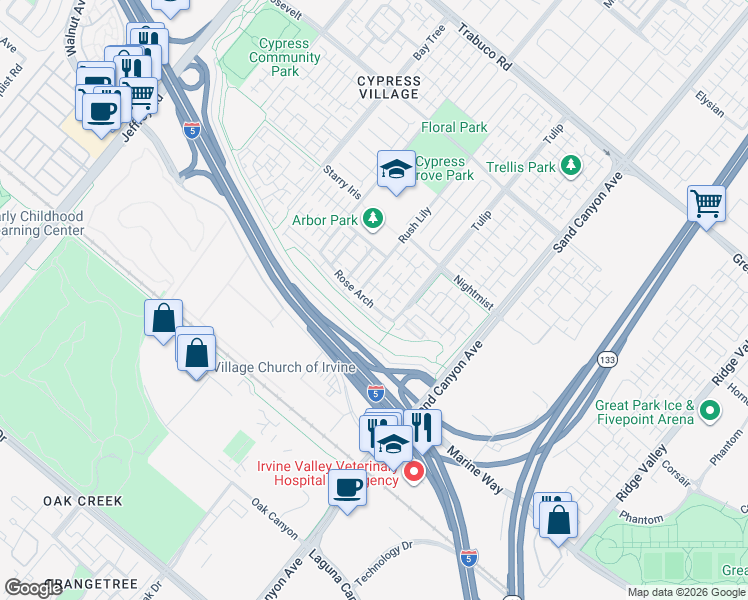 map of restaurants, bars, coffee shops, grocery stores, and more near 72 Ivory Petal in Irvine