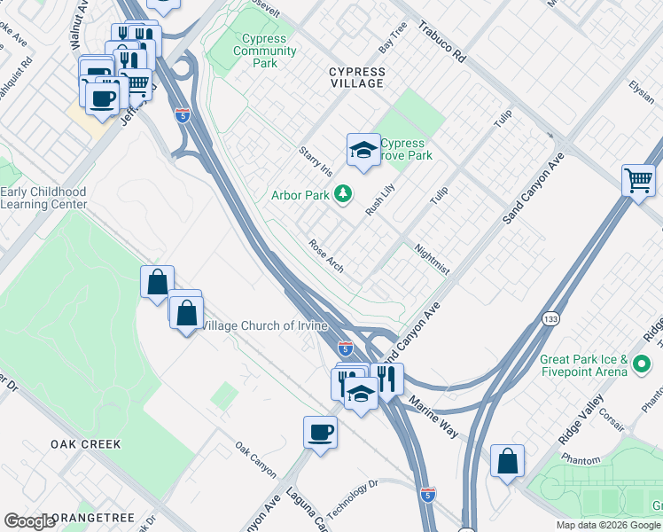 map of restaurants, bars, coffee shops, grocery stores, and more near 191 Rose Arch in Irvine