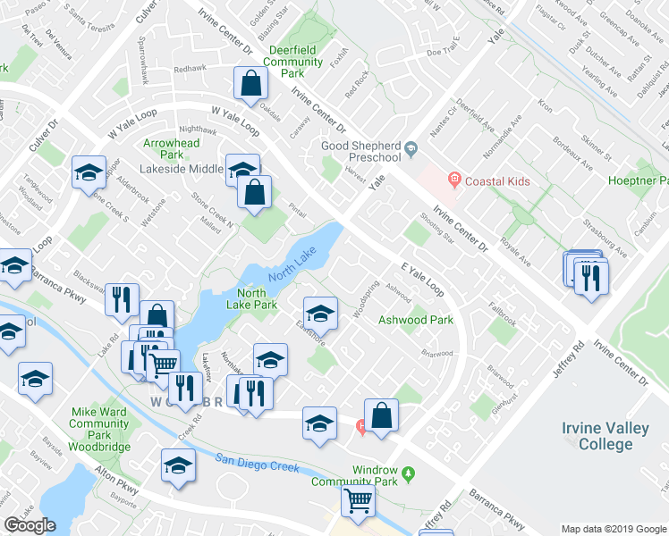 map of restaurants, bars, coffee shops, grocery stores, and more near 97 Lakeshore in Irvine