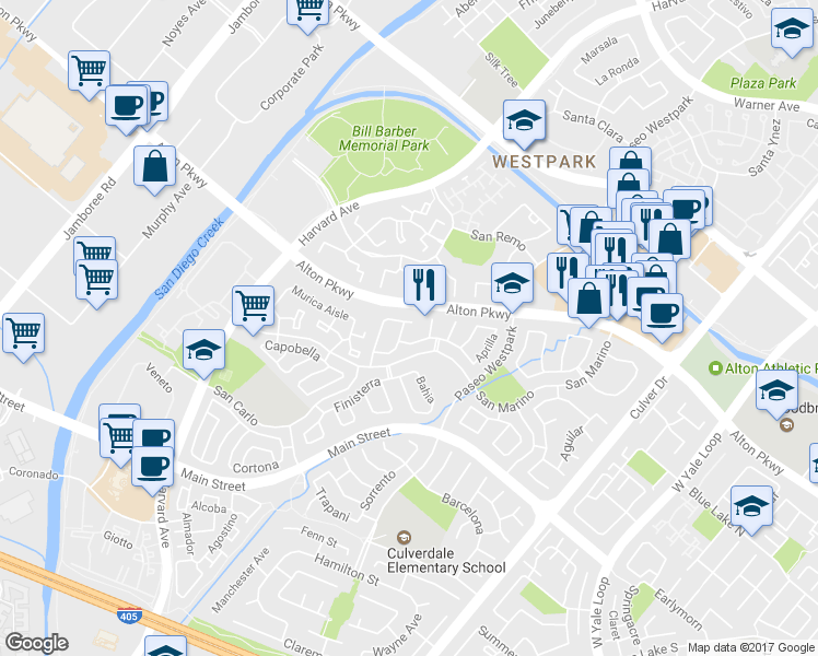 map of restaurants, bars, coffee shops, grocery stores, and more near 14 Alcira in Irvine