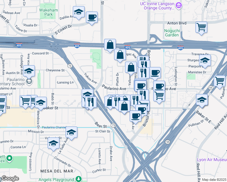 map of restaurants, bars, coffee shops, grocery stores, and more near 805 Spirit in Costa Mesa