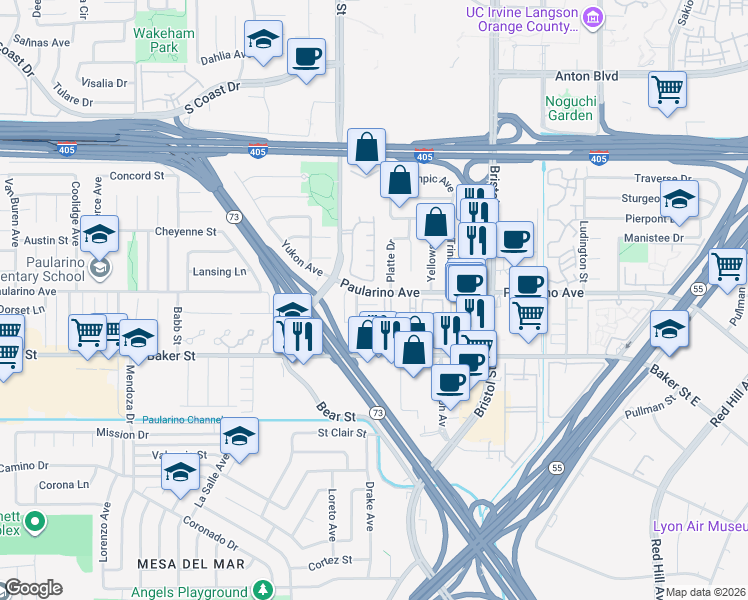 map of restaurants, bars, coffee shops, grocery stores, and more near 805 Spirit in Costa Mesa