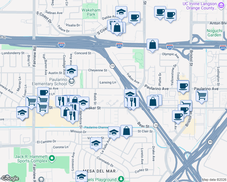 map of restaurants, bars, coffee shops, grocery stores, and more near 960 Paularino Avenue in Costa Mesa
