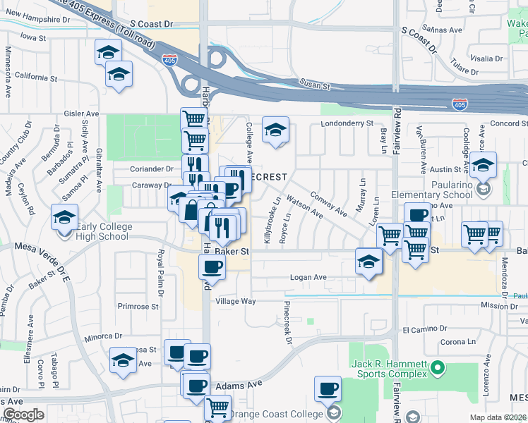 map of restaurants, bars, coffee shops, grocery stores, and more near 1399 Shannon Lane in Costa Mesa
