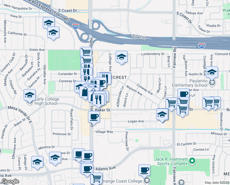 map of restaurants, bars, coffee shops, grocery stores, and more near 1399 Shannon Lane in Costa Mesa