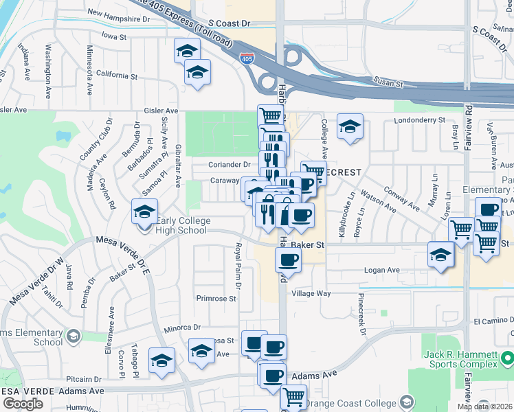 map of restaurants, bars, coffee shops, grocery stores, and more near 3094 Mace Avenue in Costa Mesa