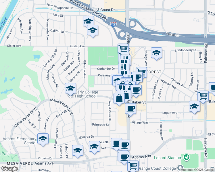 map of restaurants, bars, coffee shops, grocery stores, and more near 3095 Ginger Avenue in Costa Mesa
