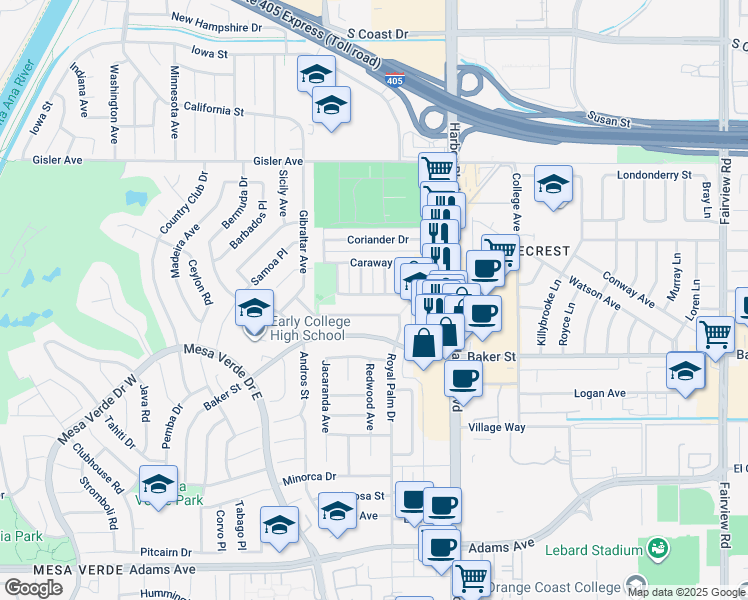 map of restaurants, bars, coffee shops, grocery stores, and more near 3095 Ginger Avenue in Costa Mesa
