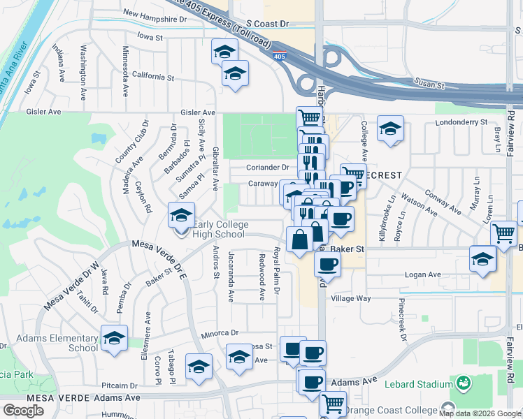 map of restaurants, bars, coffee shops, grocery stores, and more near 3095 Ginger Avenue in Costa Mesa