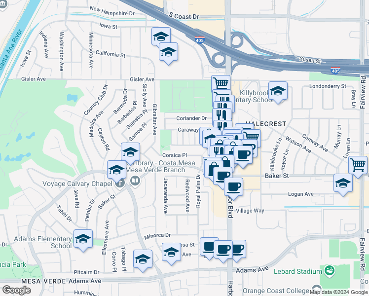 map of restaurants, bars, coffee shops, grocery stores, and more near 3095 Ginger Avenue in Costa Mesa