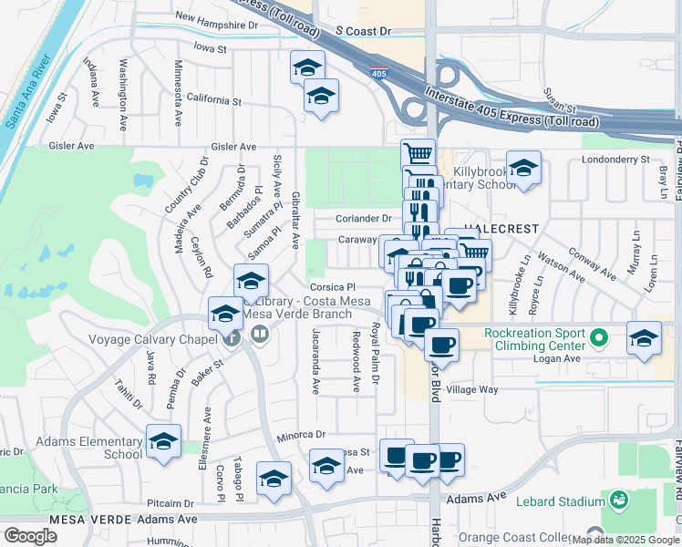 map of restaurants, bars, coffee shops, grocery stores, and more near 3094 Coral Avenue in Costa Mesa