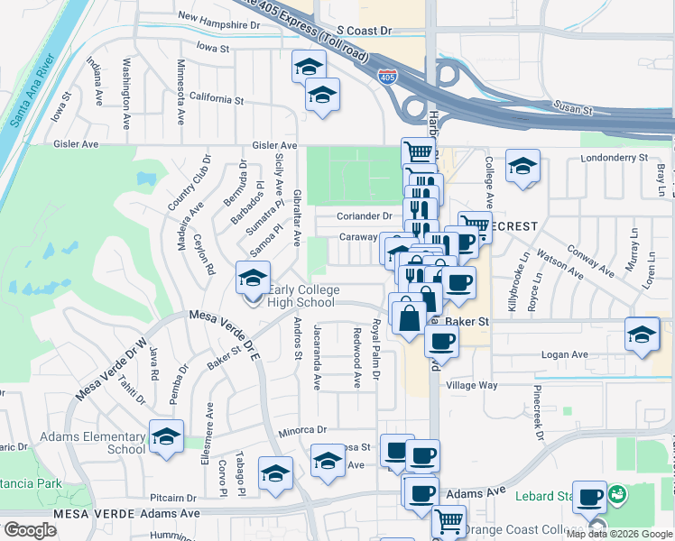 map of restaurants, bars, coffee shops, grocery stores, and more near 3094 Coral Avenue in Costa Mesa