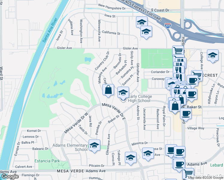 map of restaurants, bars, coffee shops, grocery stores, and more near 3058 Ceylon Road in Costa Mesa