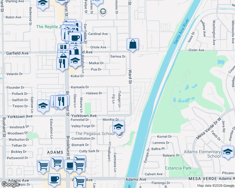 map of restaurants, bars, coffee shops, grocery stores, and more near 10421 Sunday Drive in Huntington Beach