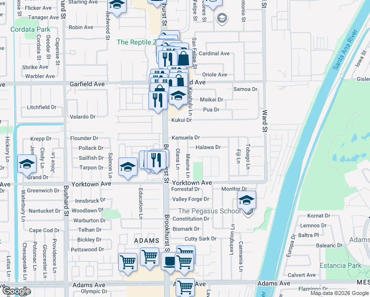 map of restaurants, bars, coffee shops, grocery stores, and more near 19292 Olana Lane in Huntington Beach