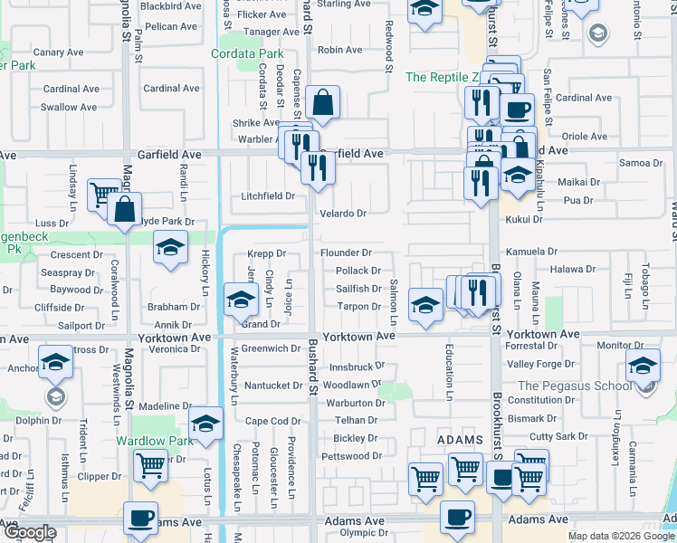 map of restaurants, bars, coffee shops, grocery stores, and more near 9561 Pollack Drive in Huntington Beach