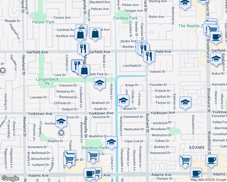 map of restaurants, bars, coffee shops, grocery stores, and more near 19282 Hickory Lane in Huntington Beach
