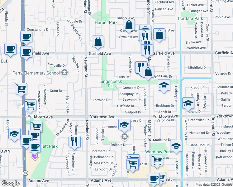 map of restaurants, bars, coffee shops, grocery stores, and more near 8721 Suncoral Drive in Huntington Beach