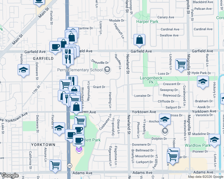 map of restaurants, bars, coffee shops, grocery stores, and more near 19282 Harding Lane in Huntington Beach