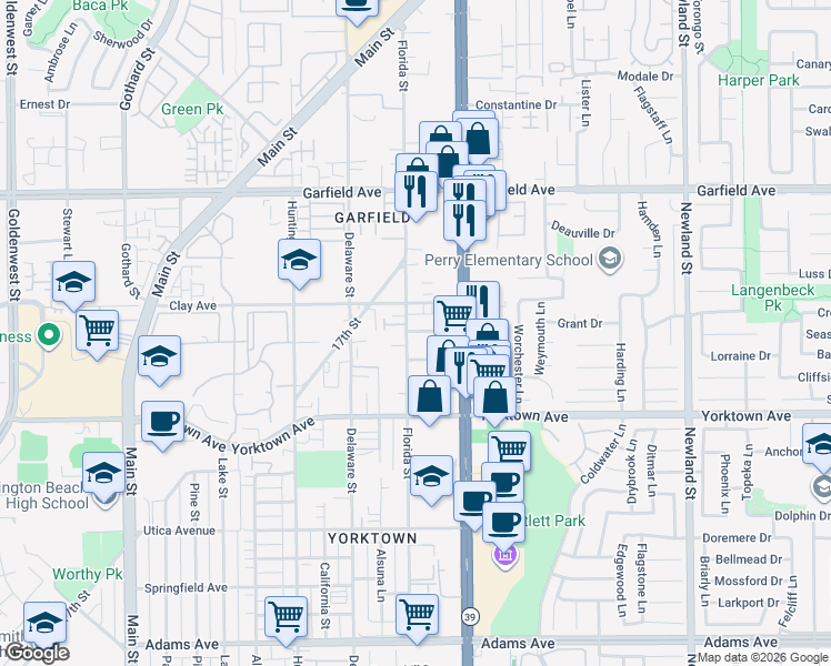 map of restaurants, bars, coffee shops, grocery stores, and more near 719 Owen Drive in Huntington Beach
