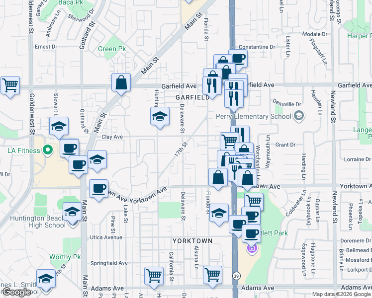 map of restaurants, bars, coffee shops, grocery stores, and more near 504 Clay Avenue in Huntington Beach