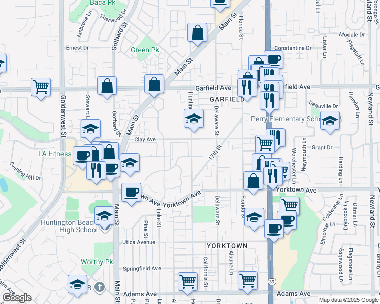 map of restaurants, bars, coffee shops, grocery stores, and more near 19351 Seahorse Lane in Huntington Beach