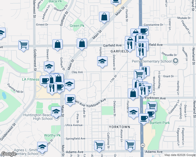 map of restaurants, bars, coffee shops, grocery stores, and more near 19351 Seahorse Lane in Huntington Beach