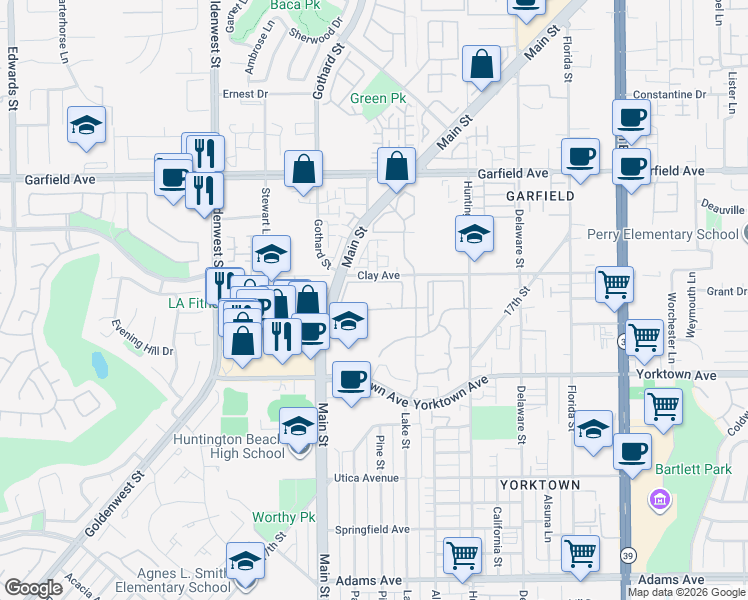 map of restaurants, bars, coffee shops, grocery stores, and more near 7362 Yellowtail Drive in Huntington Beach