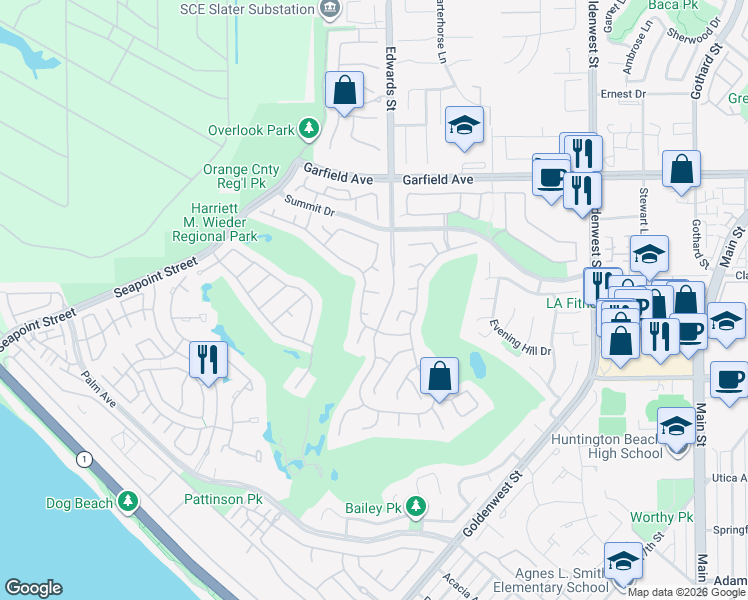 map of restaurants, bars, coffee shops, grocery stores, and more near 6471 Glenview Circle in Huntington Beach
