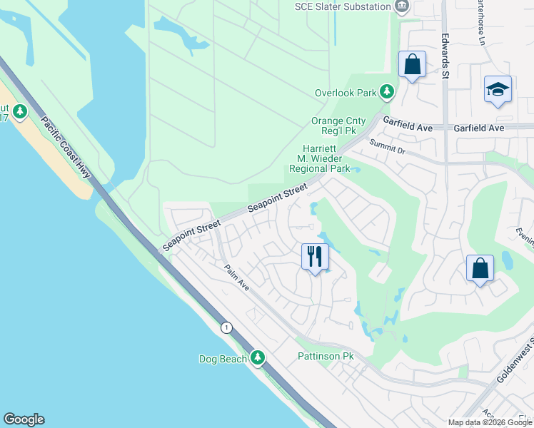 map of restaurants, bars, coffee shops, grocery stores, and more near 19227 Seabrook Lane in Huntington Beach