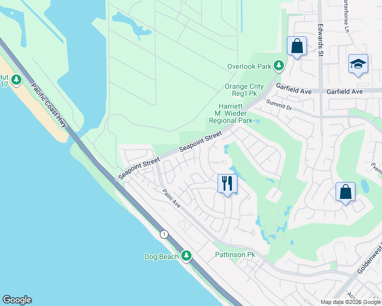 map of restaurants, bars, coffee shops, grocery stores, and more near 19227 Seabrook Lane in Huntington Beach