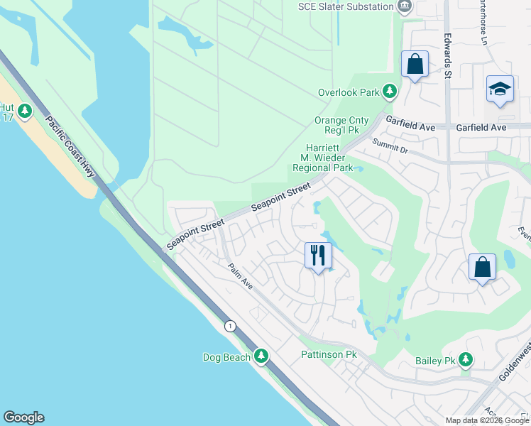 map of restaurants, bars, coffee shops, grocery stores, and more near 19227 Seabrook Lane in Huntington Beach