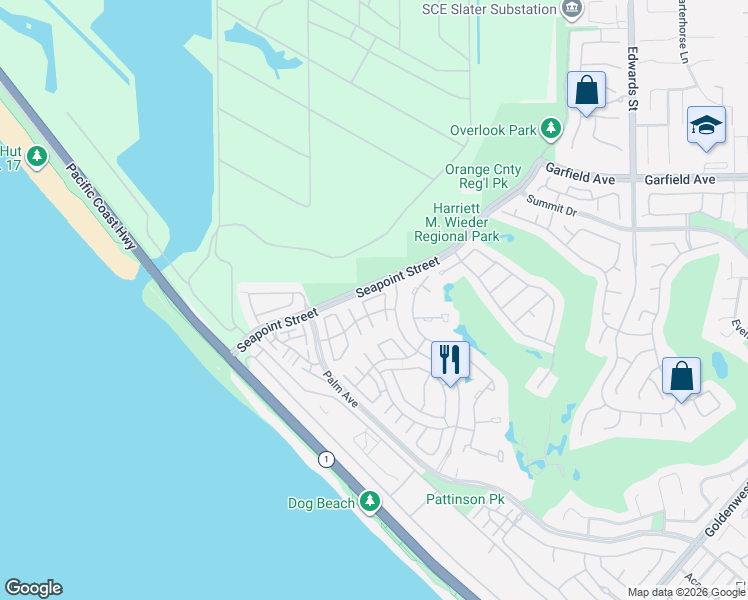 map of restaurants, bars, coffee shops, grocery stores, and more near 19227 Seabrook Lane in Huntington Beach