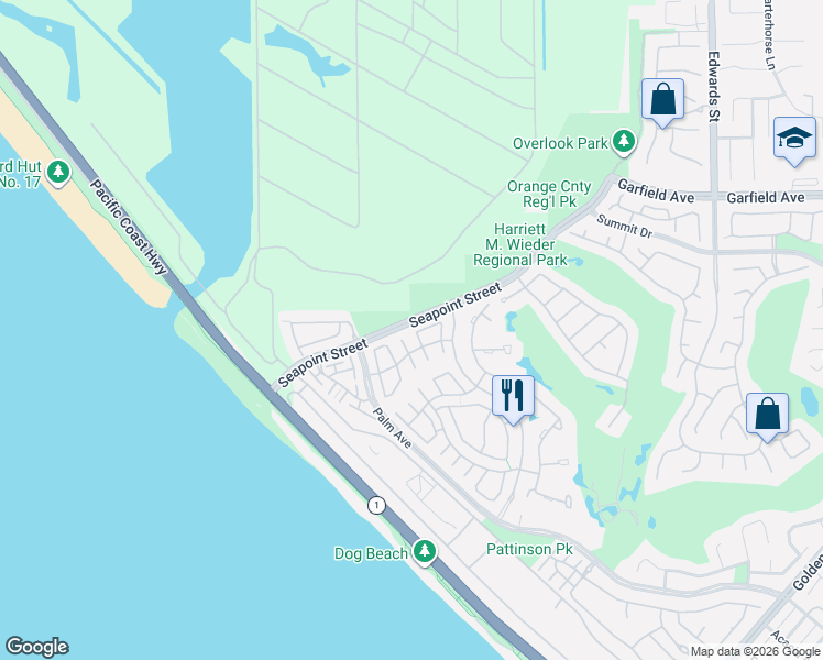 map of restaurants, bars, coffee shops, grocery stores, and more near 19227 Seabrook Lane in Huntington Beach