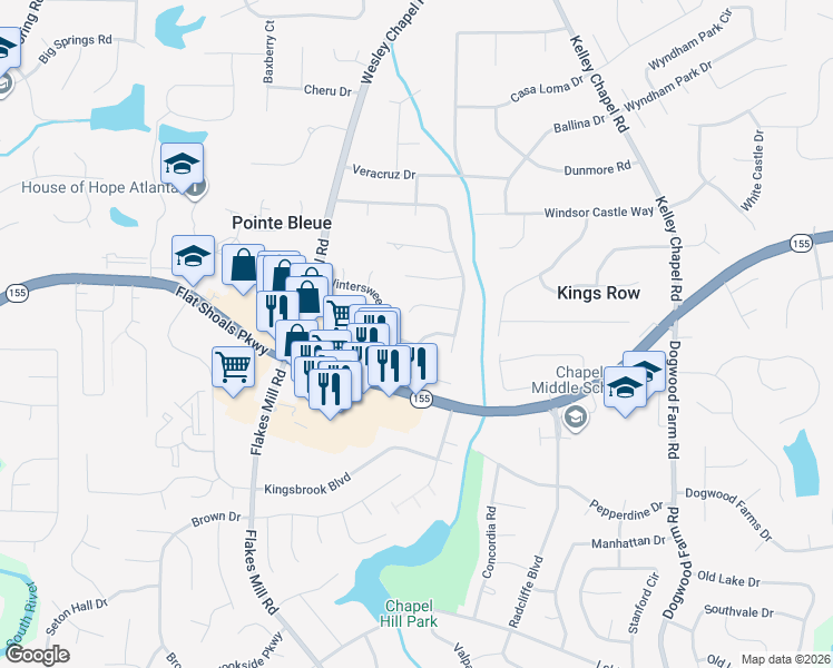 map of restaurants, bars, coffee shops, grocery stores, and more near 3991 Birchwood Cove in Decatur