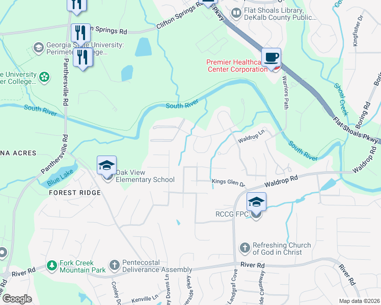 map of restaurants, bars, coffee shops, grocery stores, and more near 3487 Waldrop Trail in Decatur