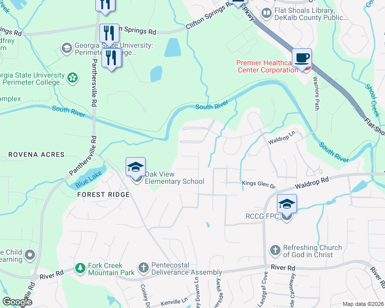 map of restaurants, bars, coffee shops, grocery stores, and more near 3052 North Oak Court in Decatur