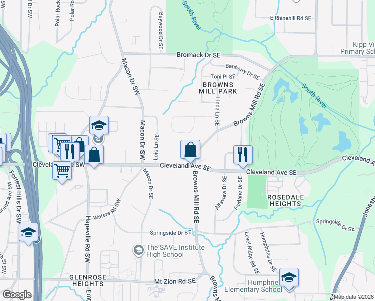 map of restaurants, bars, coffee shops, grocery stores, and more near 2641 Browns Mill Road Southeast in Atlanta