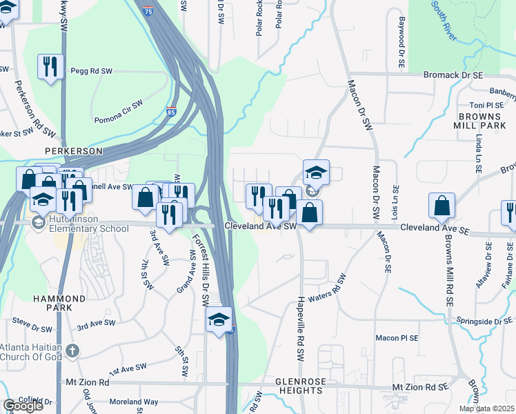 map of restaurants, bars, coffee shops, grocery stores, and more near 2637 Old Hapeville Road Southwest in Atlanta