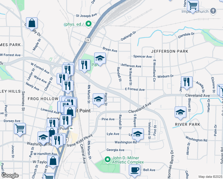 map of restaurants, bars, coffee shops, grocery stores, and more near 1404 East Forrest Avenue in East Point