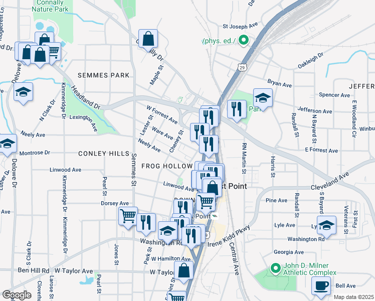 map of restaurants, bars, coffee shops, grocery stores, and more near 1655 Ware Avenue in East Point